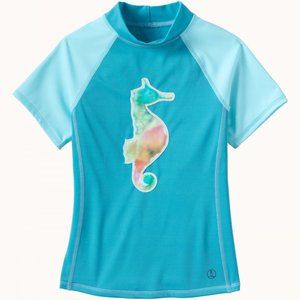 LANDS END Kids Rash Guard Seahorse Turquoise Short Sleeve L 6X-7